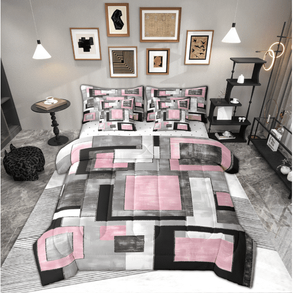 Manfei Pink Square Twin Bedding Sets 7-Piece for Adult, Abstract Ombre Bedding Comforter Set, Modern Fashion Style Reversible Sheet Sets, Ultra Soft Home Decor