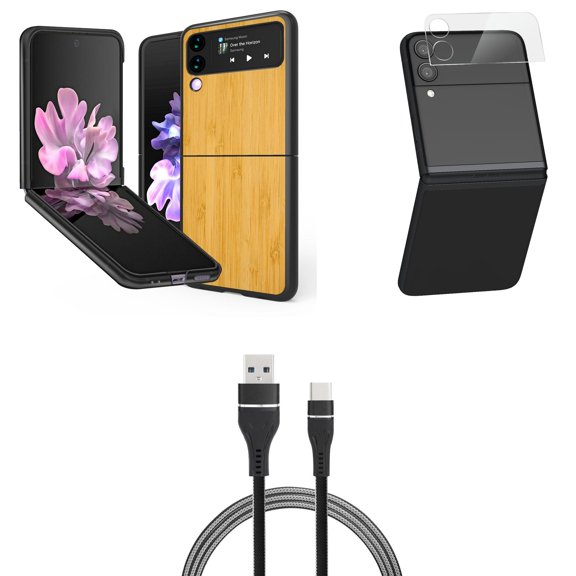 Bemz Premium Bundle for Samsung Galaxy Z Flip 3 5G: Slim Snap-On Protector Case (Light Wood), Rear Camera Glass Protector, Nylon Braided USB-C to USB-A Cable (3 Feet)