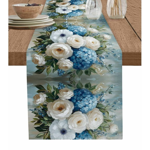 Spring Floral Burlap Cotton Table Runner 13x120 Inches Long, White Blue Summer Botanical Watercolor Farmhouse Table Runners, Outdoor Dining Tablecloths Decor for Baby Shower/Party/Wedding