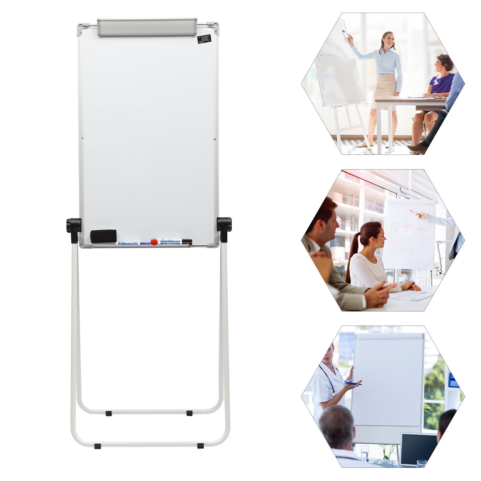 Loyalheartdy 36x24In Portable Whiteboard Double Sided Magnetic Dry Erase Board Standing Adjustable White Board w/Marker Pen, White