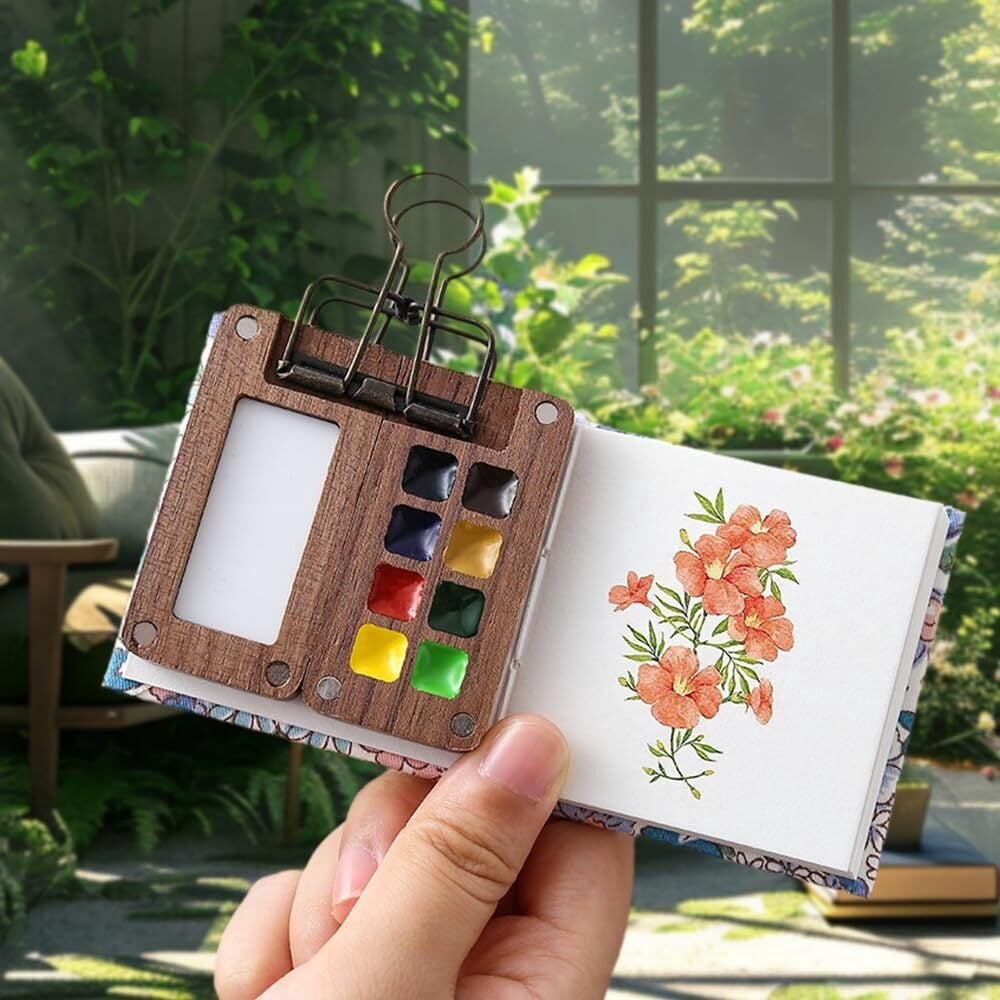Pocket Artist Watercolor Travel Set, Pocketartist Drawing Board Paint Palette Travel Kit, Mini Portable Watercolor Travel Set Painter's Palette with Brush and Sketchbook (8 Grid)