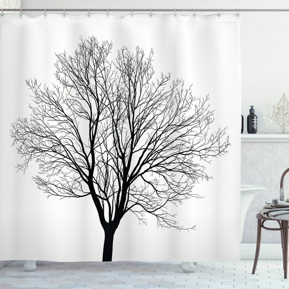 Black and White Shower Curtain, Monochrome Barren Maple Tree Silhouette Hand Drawn Autumn Season Nature, Fabric Bathroom Set with Hooks, 69W X 84L Inches Extra Long, Black White, by Ambesonne