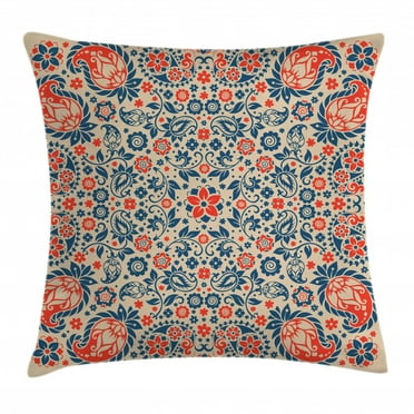 Paisley Decor Throw Pillow Cushion Cover, Islamic Arabesque Floral Pattern Cultural Folk Persian Print, Decorative Square Accent Pillow Case, 16 X 16 Inches, Red Beige Blue, by Ambesonne