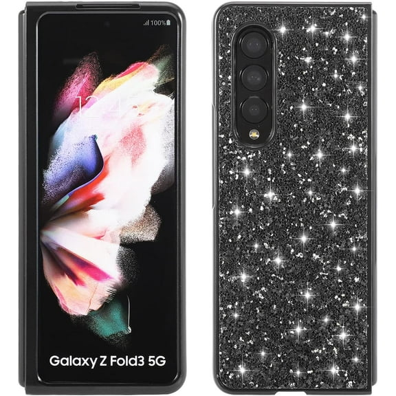 Compatible with Samsung Z Fold 3 Case, Glitter Sparkly Samsung Galaxy Z Fold 3 Phone Case with Slim Silicone Shockproof Protective Bumper Cover for Cute Girls Women (Black)