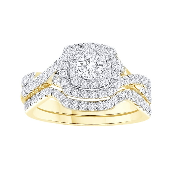 AFFY White Natural Diamond Halo Ring Set In 10k Yellow Gold (1.1 Cttw)