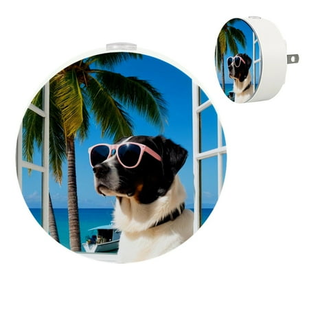 

LED Night Light Lamp with Smart Sensor Dusk to Dawn Sensor 2-Pack for Bedroom Bathroom Hallway White 0.5W Plug-in Window Dog Ocean Beach Sea Summer Funny