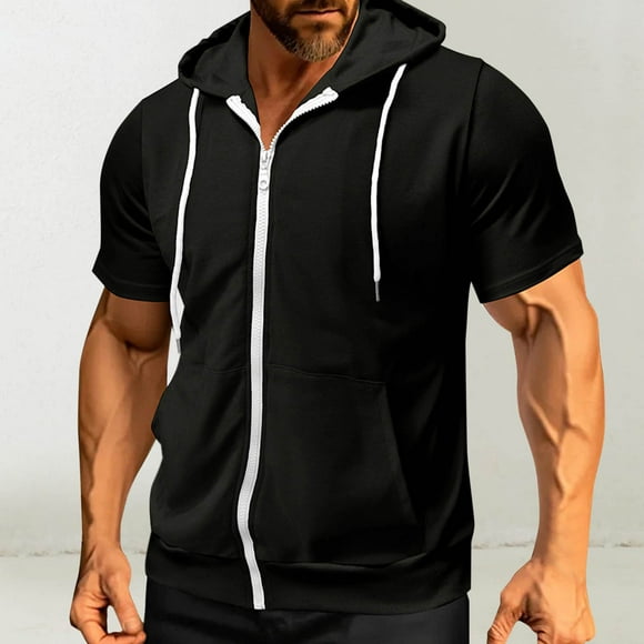 Men's Casual Short Sleeve Hoodie, Lightweight Polyester Pullover with Turn-Down Collar for Daily Wear