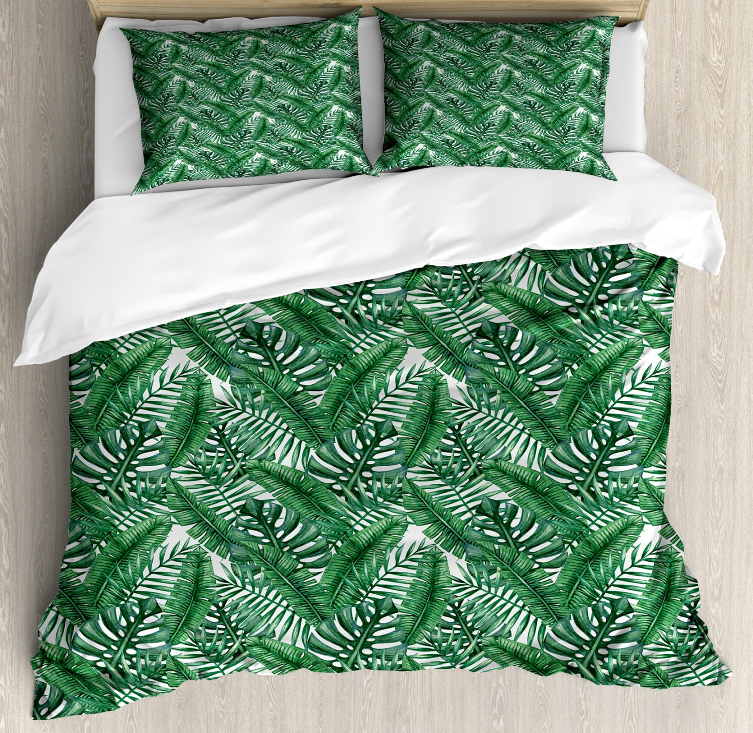 Palm Leaf King Size Duvet Cover Set, Watercolor Artwork of Palm Tree