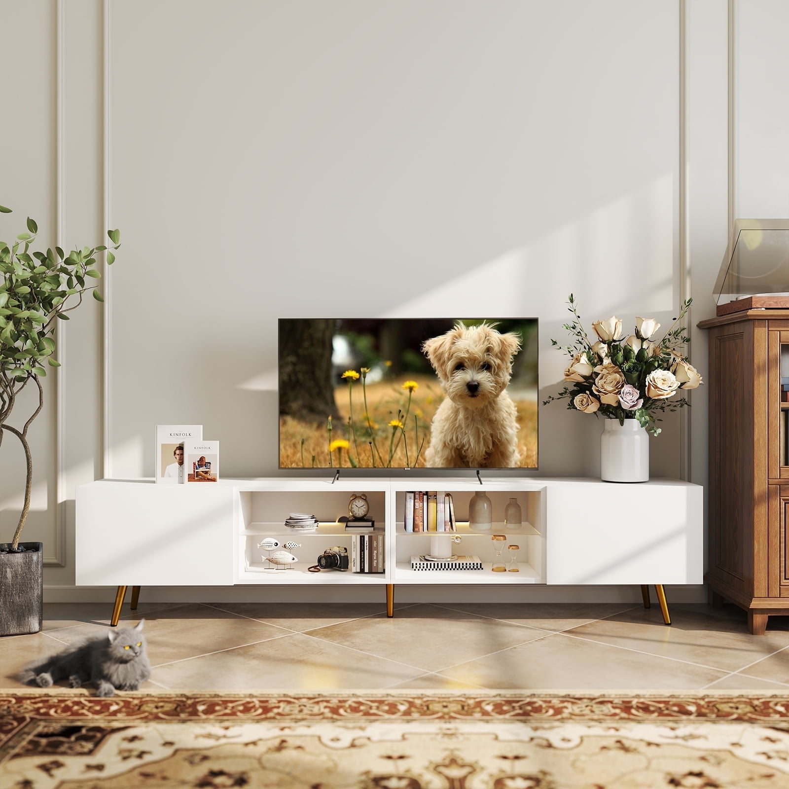 Bonzy Home 86" TV Stand, Television Console Table for 85" TV, Modern Entertainment Center with Storage Cabinets for Living Room, White