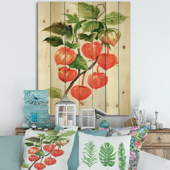 Designart 'A Red Physalis Branch' Traditional Print on Natural Pine Wood