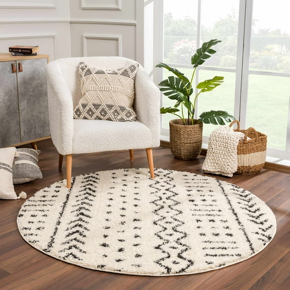 Hauteloom Berber Shag Collection - Haup Farmhouse Under Table Round Area Rug with Tassel - Fluffy Plush High Pile Carpet - Southwestern Bohemian Tribal Style - Beige, Cream, Black - 5'3" Circle