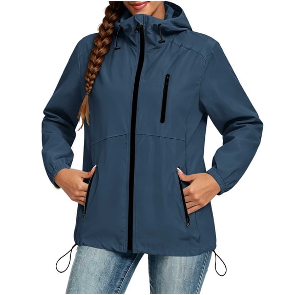 cocolona Womens Waterproof Sunscreen Thin Rain Jacket Lightweight Hooded Drawstring Hem Raincoat with Pockets for Hiking Travel Windbreaker Outerwear