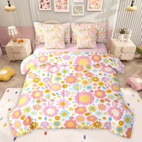Feelyou Teens Flower Floral Bedding Comforter Set 7pcs, Cute Groovy Blossoms Plant Queen Bedding Sets, Kawaii Princess Style Reversible Queen Sheet Sets, Breathable Home Decor