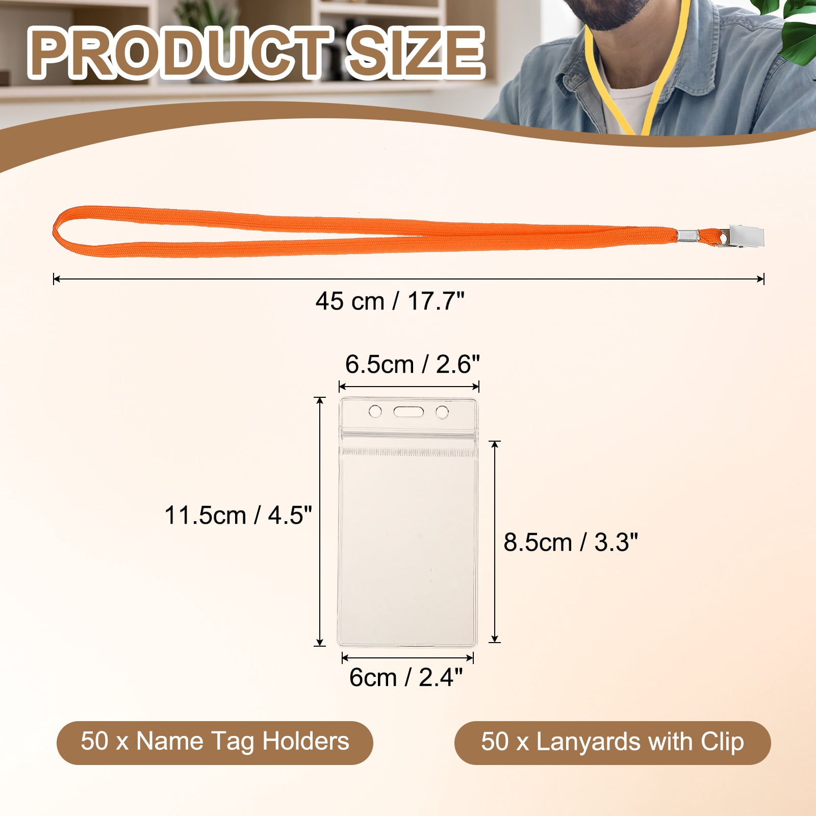 Uxcell 50 Set Name Tag Holders with Lanyard, Plastic Waterproof Badge Holder with Alligator Clip Lanyards for ID Badges Office Teacher Events Meetings, Orange(3x2 Inch)
