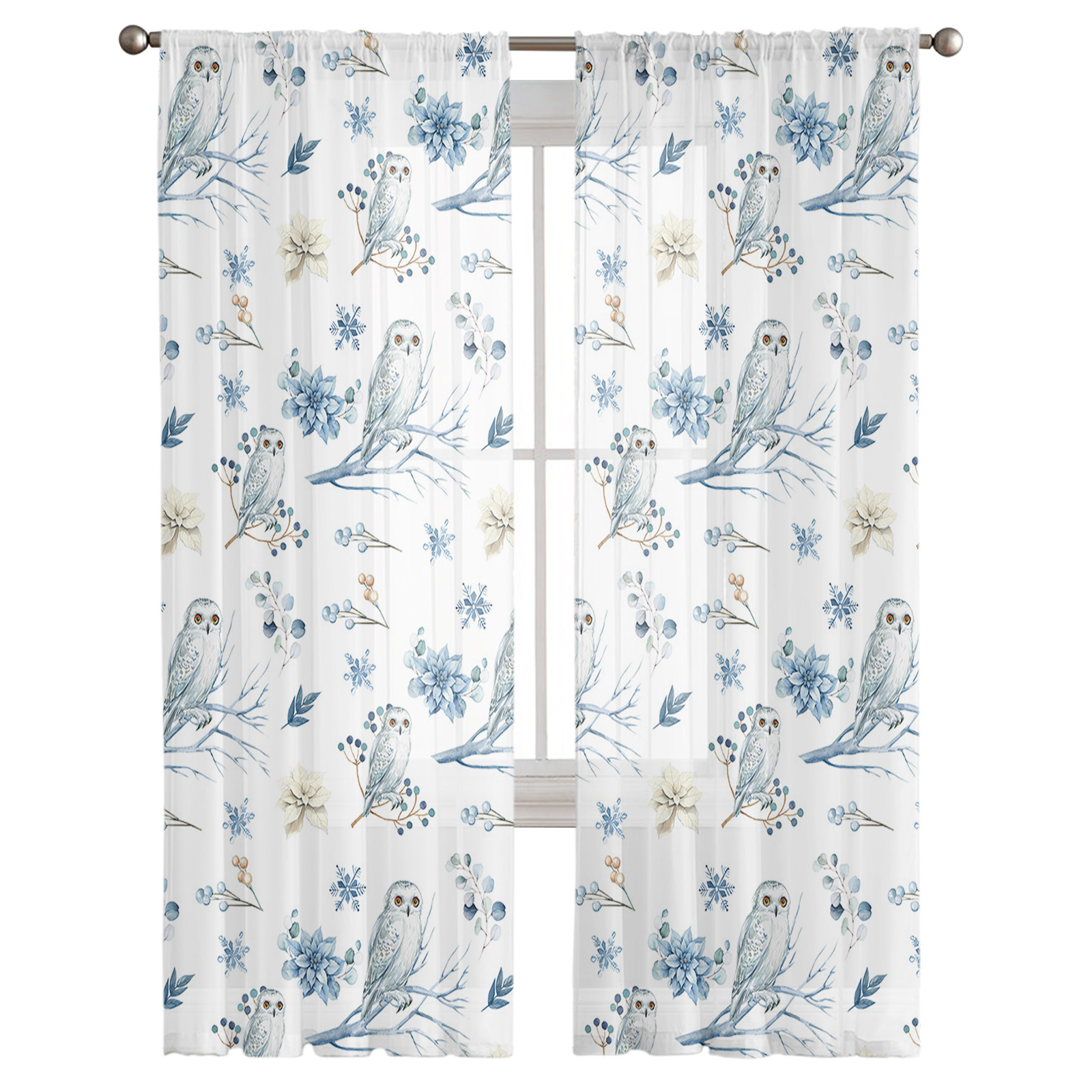 Sheer Curtains 63 inches Long, Winter Snowflake Animal Owls Eucalyptus Leaves Light Filtering Sheer Window Curtains Rod Pocket Voile Drapes for Bedroom Living Room, 52"W x 63"L 2 Panels