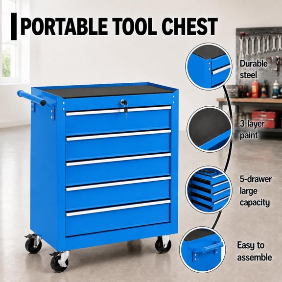 26 in Rolling Tool Chest with Wheels - 5-Drawer Tool Storage Cabinet/Tool Cart - Locking System, Drawer Liners - Mobile Toolbox Organizer for Garage & Auto Repair - Blue