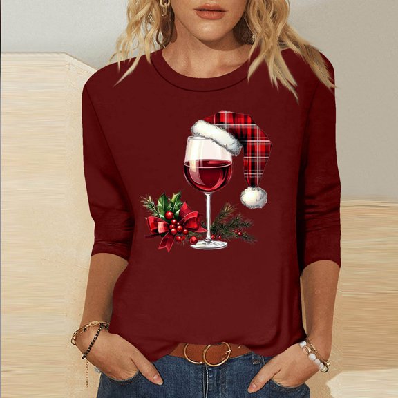 LEKWK Christmas Sparkle Tops for Women Xmas Wine Glass Crew Neck 3/4 Sleeve Tshirts Glitter Tops for Women Loose Sparkle Shirts for Women