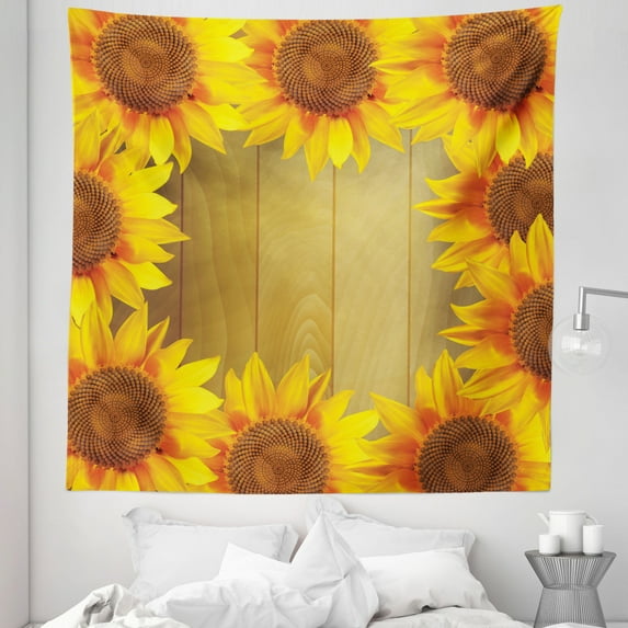 Sunflower Tapestry, Sunflower Arranged in a Circle on a Wooden Background Flower Frame Illustration, Fabric Wall Hanging Decor for Bedroom Living Room Dorm, 5 Sizes, Brown Orange, by Ambesonne