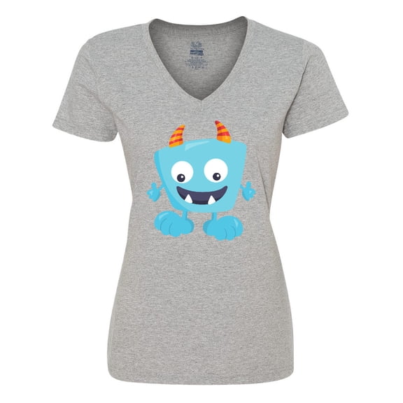 Inktastic Cute Monster, Little Monster, Blue Monster, Horns Women's V-Neck T-Shirt