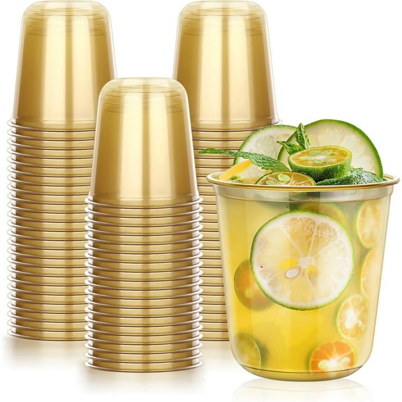 50 Pcs Gold Plastic Cups, 12oz Disposable Stemless Wine Glasses for Cocktail Cute Clear Cocktail Wine Glasses Gold Party Cups for Meeting Wedding Graduation Holiday Party