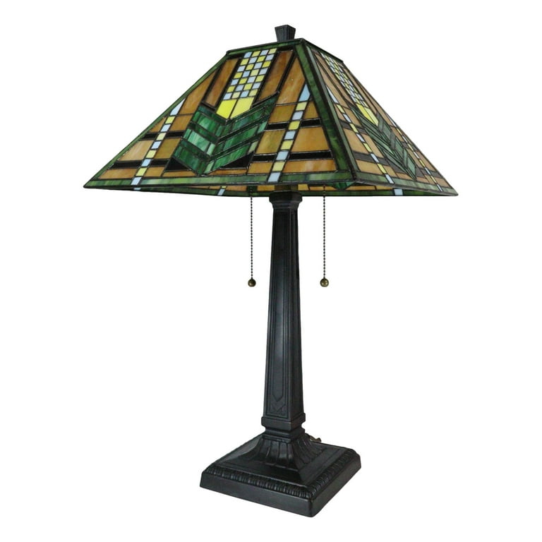 Louis Comfort Tiffany Mission Style Geometric Green Arrow Glass Shade Table Lamp Union Rustic