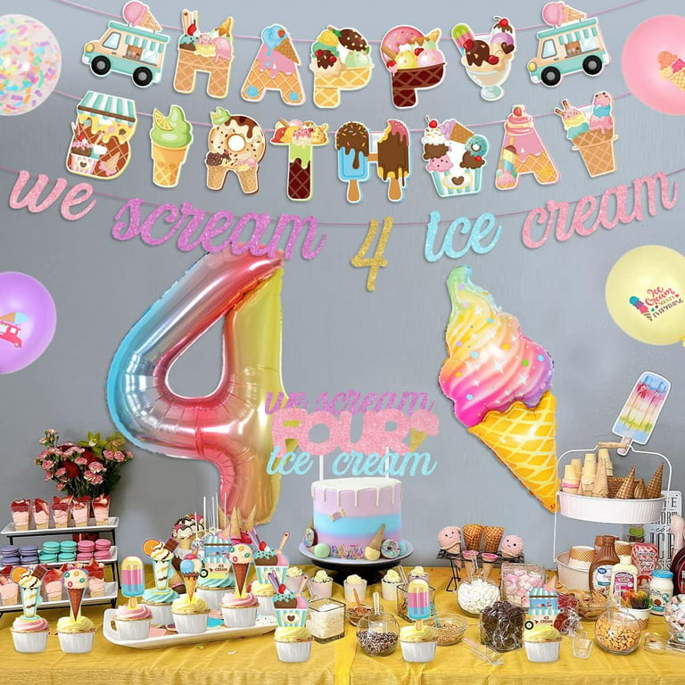 Ice Cream 4th Birthday Party Decorations For Girls We Scream 4 Banner Cake Topper Themed Balloons Donut Sweet Food Baby Shower Summer