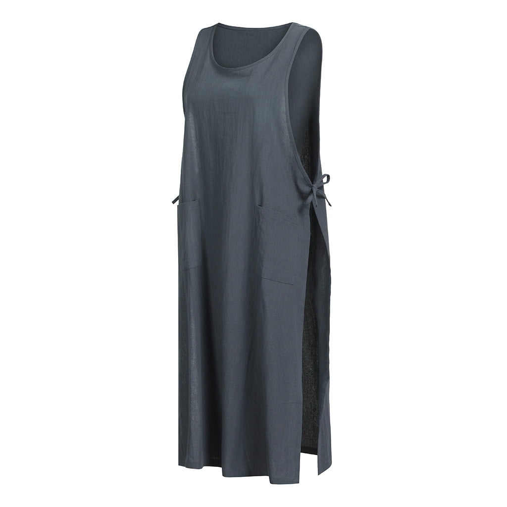 Women Cotton Tunic Dress Apron With Pockets Japanese Style Pinafore Dress
