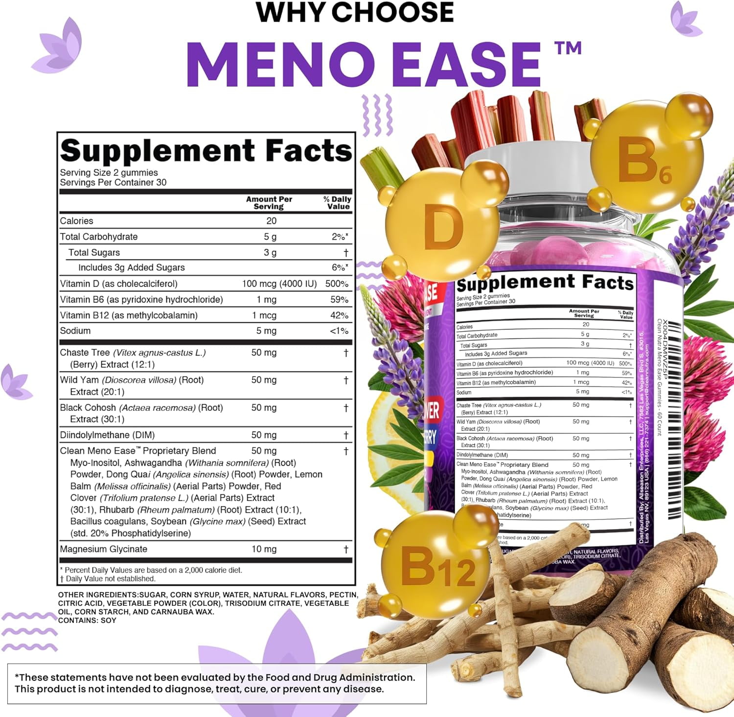 Clean Nutra Menopause Supplements for Women Chastberry Wild Yam Gummies Inositol Black Cohosh Magnesium Red Clover DIM Supplement B6 Magnesium Glycinate Glycine Vitex Hormone Balance Gummy Vitamins