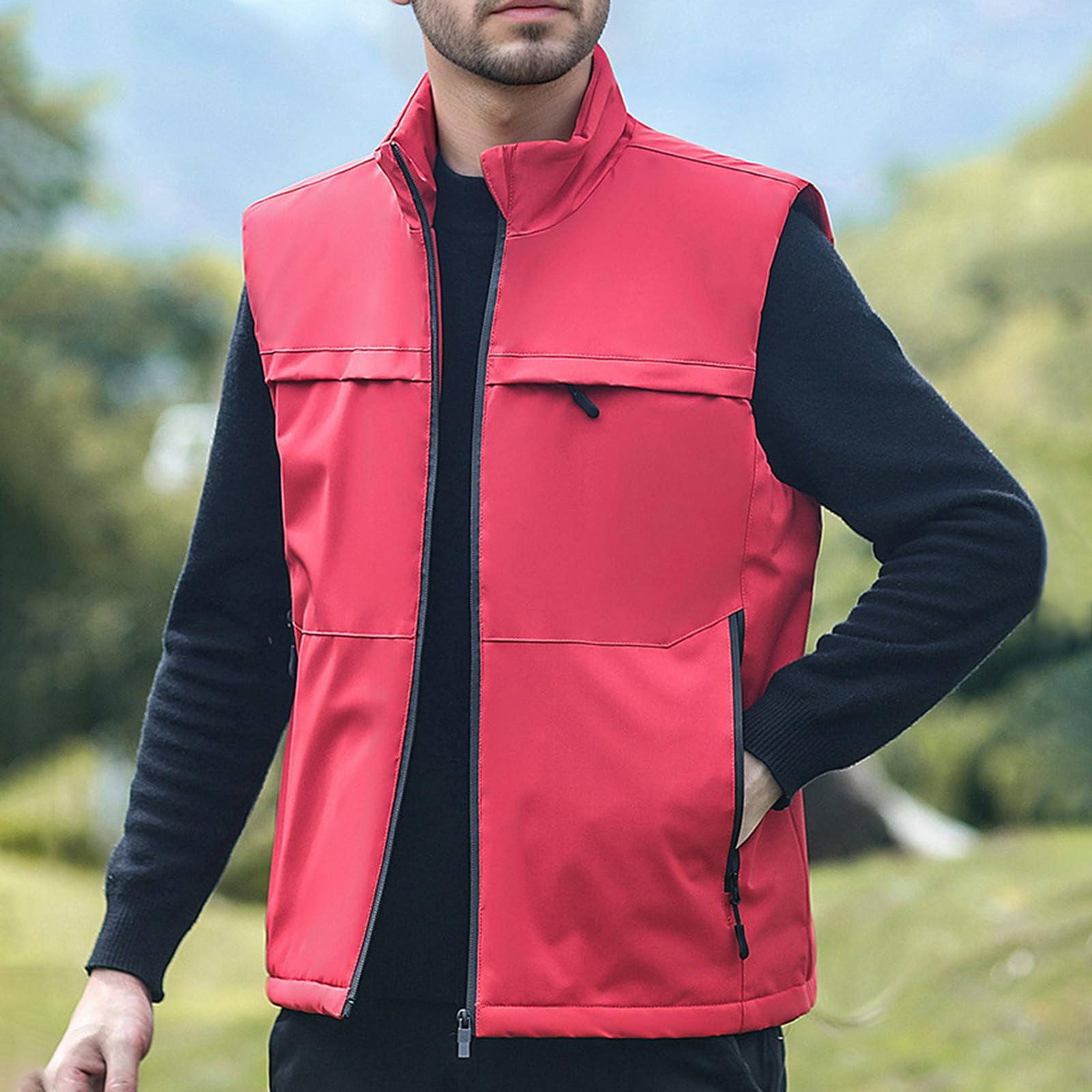 Mens Lightweigh Vest Sleeveless Softshell Jacket Windproof Golf Running Outerwear with Multi Pockets
