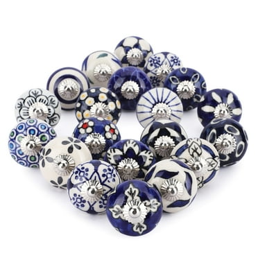 Ajuny Set of 20 Ceramic Knobs Blue White Hand Painted for Dresser Drawers Chest Cupboard Cabinet Handles Pull Knob