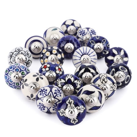 Ajuny Set of 20 Ceramic Knobs Blue White Hand Painted for Dresser Drawers Chest Cupboard Cabinet Handles Pull Knob