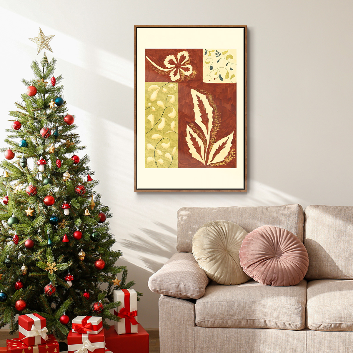 Festive Floral I - Framed Gallery Wrapped Holiday Canvas - 27 x 41 - Rosewood Frame