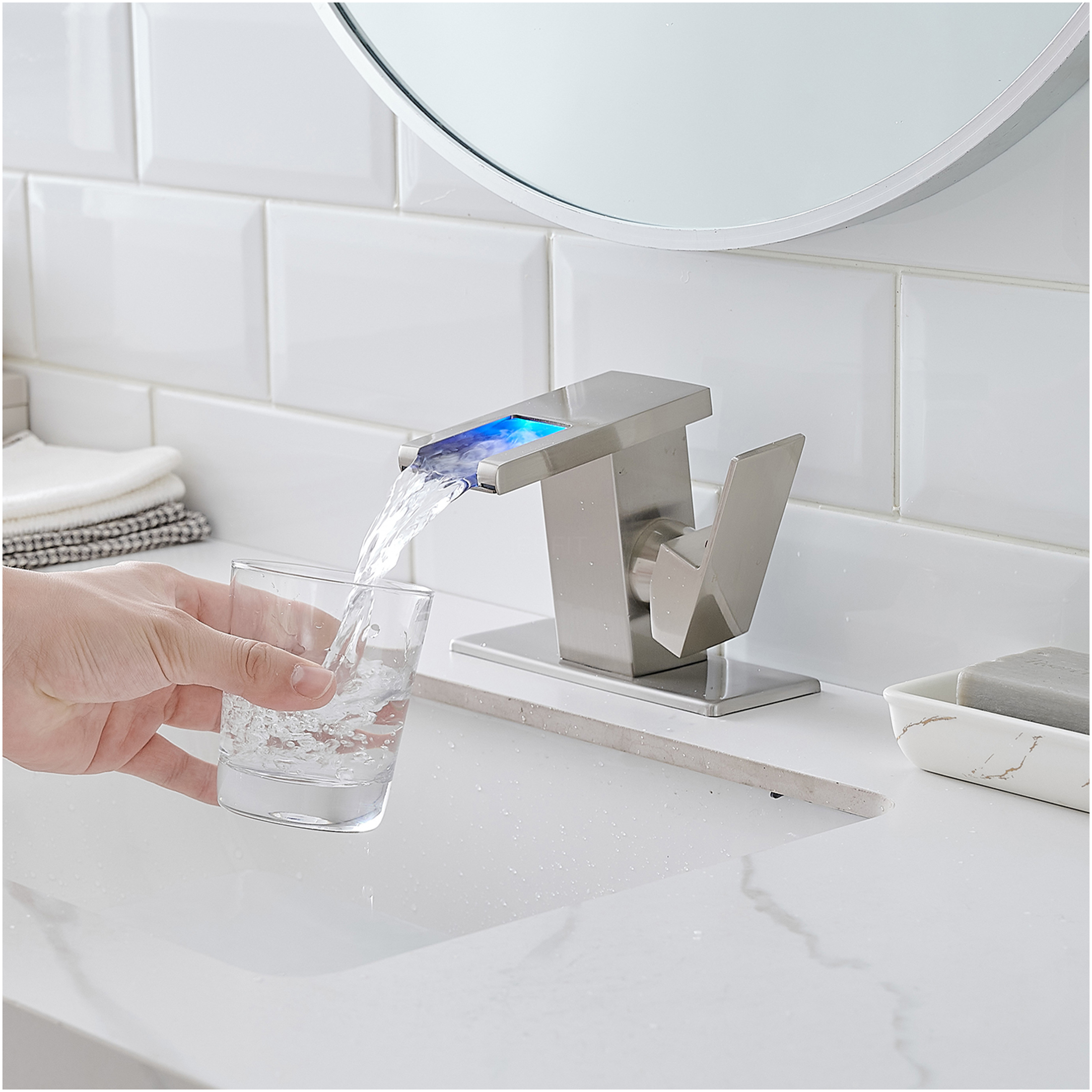 JERFIT LED Waterfall Bathroom Sink Faucet, Single Handle Single Hole Deck Mount Brushed Nickel, Temperature Changing Light