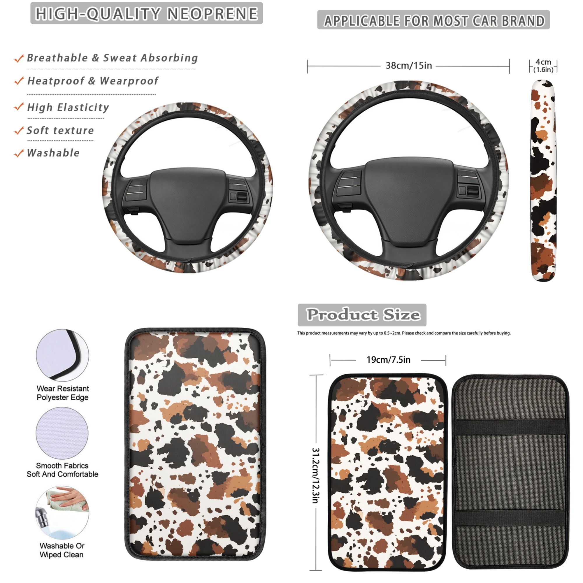 Jeiento Brown Cow Print 13 PCS Car Seat Covers Full Set, with Steering Wheel Seat Belt Covers Center Console Pad Coasters Keychain Lip Balm Holder Auto Accessories Interior Decor Fit for SUV Van