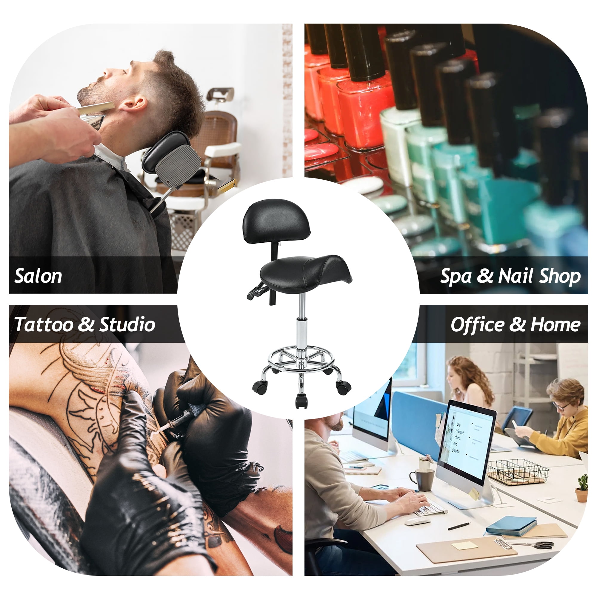 Leumius Saddle Stool with Back Support,Swivel Rolling Stools with Foot Rest,Ergonomic Adjustable Stool with Wheels,Backrest Adjustable Height & Angle for Salon Spa Tattoo Massage, Black