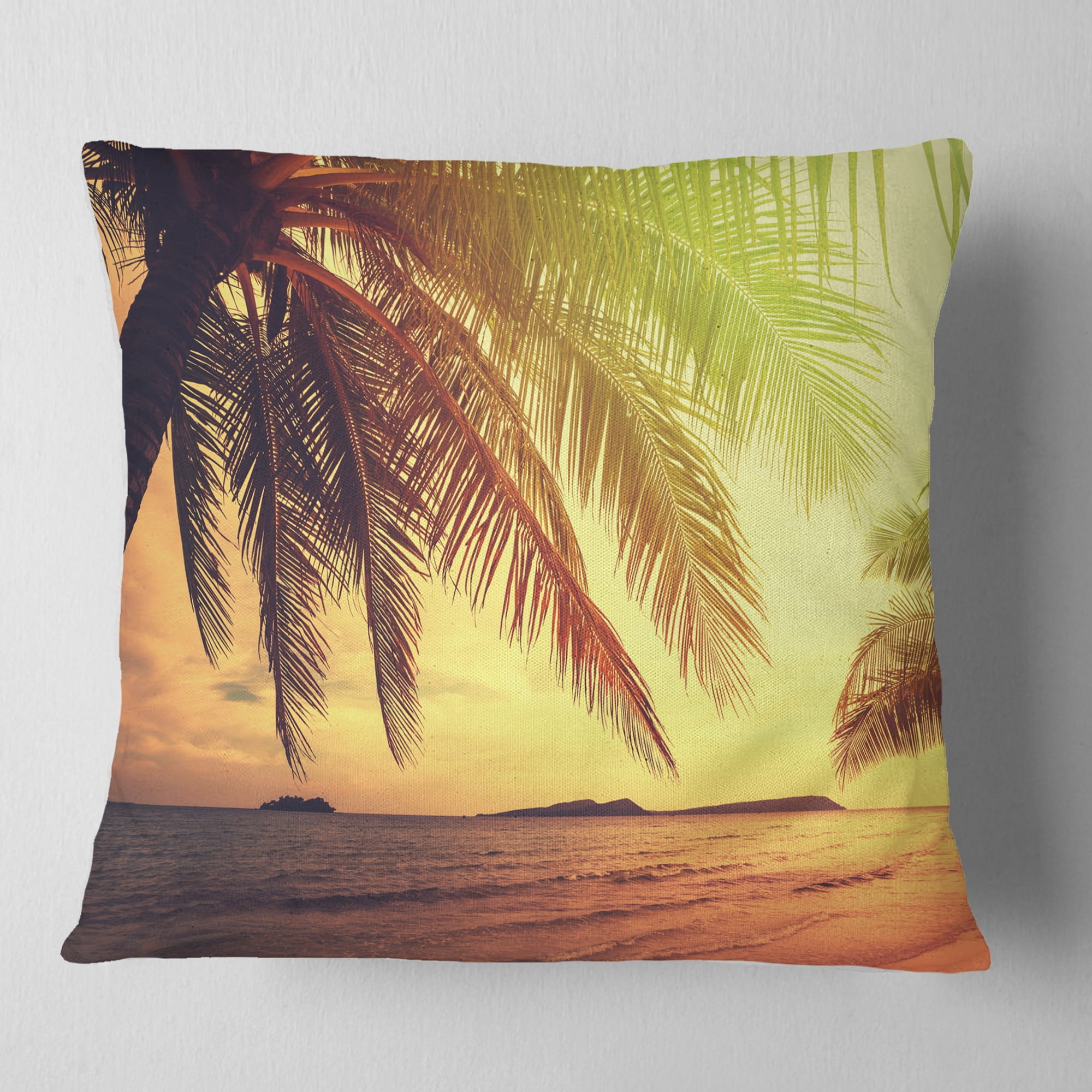Designart Tropical Beach with Green Palm - Seashore Throw Pillow - 18x18