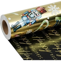 MetalM Reversible Christmas Nutcracker Wrapping Paper, 17 Inch x 33 Feet (47 sq.ft), Nutcracker on Gold Foil with Happy Holidays Design, Holiday Gift Wrap for Christmas, Xmas Party Celebration