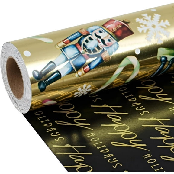 MetalM Reversible Christmas Nutcracker Wrapping Paper, 17 Inch x 33 Feet (47 sq.ft), Nutcracker on Gold Foil with Happy Holidays Design, Holiday Gift Wrap for Christmas, Xmas Party Celebration