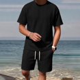 thumbnail image 2 of Men 2 Piece Textured Tracksuit Set, Diamond Jacquard Crew Neck Short Sleeve T-Shirt and Drawstring Elastic Waist Shorts Summer Casual Loungewear Size M-5XL Black, 2 of 9