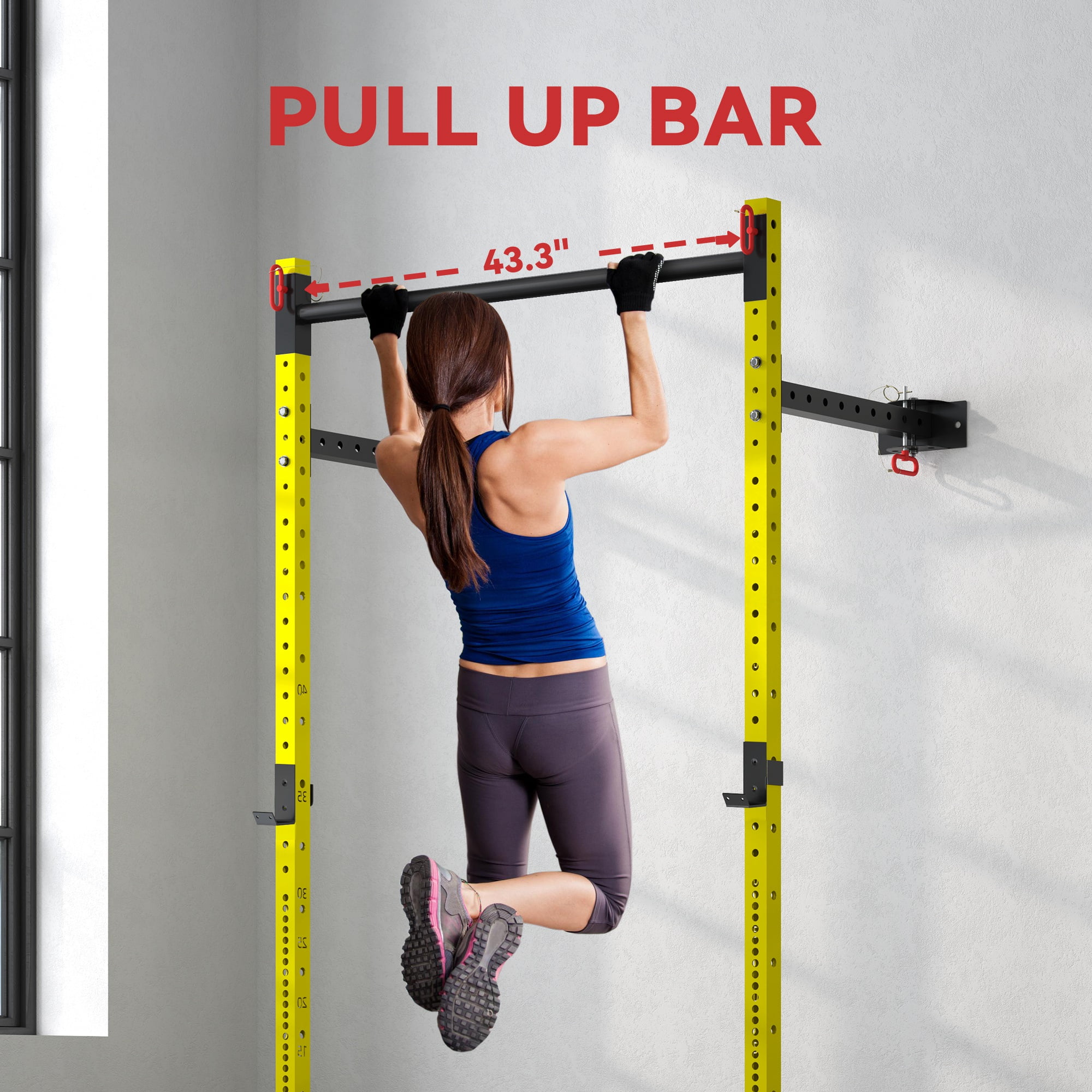 Soozier Folding Squat Rack with Pull Up Bar, Wall Mounted, 1000 Pounds Capacity Power Rack, Yellow