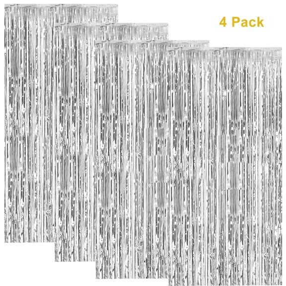 4 Pack Foil Curtain Backdrop, Lefiocky Metallic Tinsel Foil Fringe Curtains, Silver