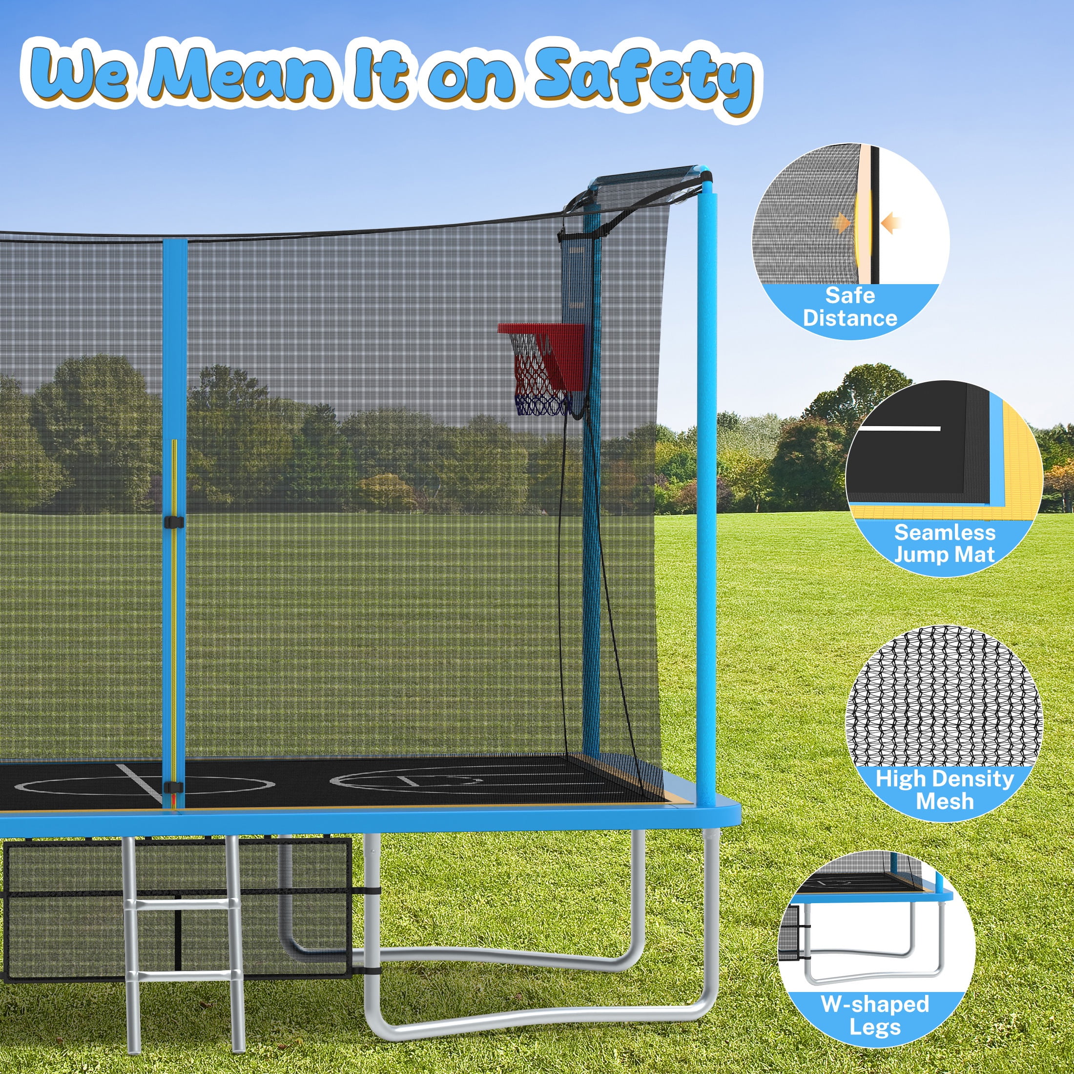 8 ×12FT Large Trampoline for Kids and Adults, SHINPT Outdoor trampoline with 2 Basketball Hoops, Big Trampoline with 360° Safety Net, Kids Trampoline Outdoor with Football Net with 1600LBS Capacity