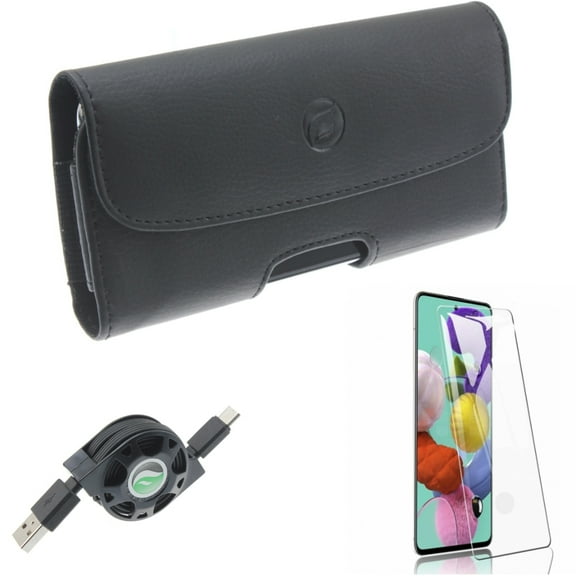 Screen Protector w USB Cable w Case Belt Clip for Samsung Galaxy S20 - Tempered Glass [Fingerprint Unlock], Retractable Type-C, Leather Holster Y8L fits Samsung Galaxy S20 Model