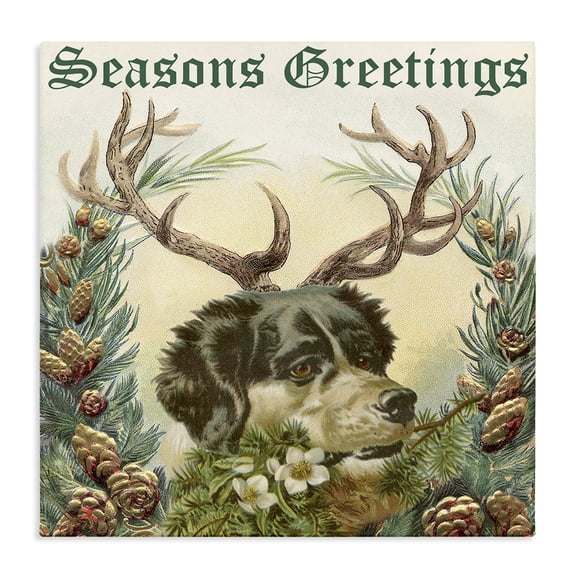 Stupell Industries Traditional Seasons Greetings Dog Wearing Antlers Botanical Border Canvas Art, 17 x 17, by Alicia Longley