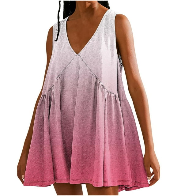FAIWAD Robes Patchwork Surdimensionnées pour Femmes Été Amples Dégradé Sans Manches Col en V Plissées Mini Robe d'Été