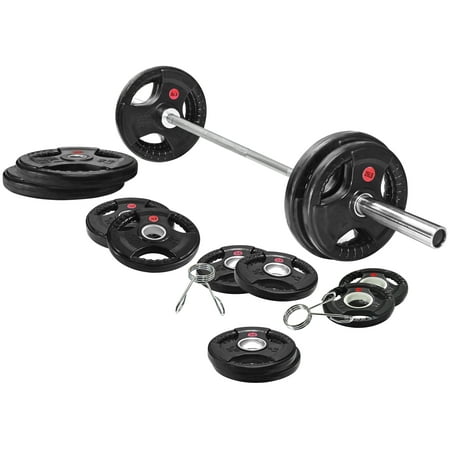 BalanceFrom Cast Iron Olympic Weight Including 7FT Olympic Barbell and Clips 300-Pound Set (255 Pounds Plates + 45 Pounds Barbell) Multiple Packages
