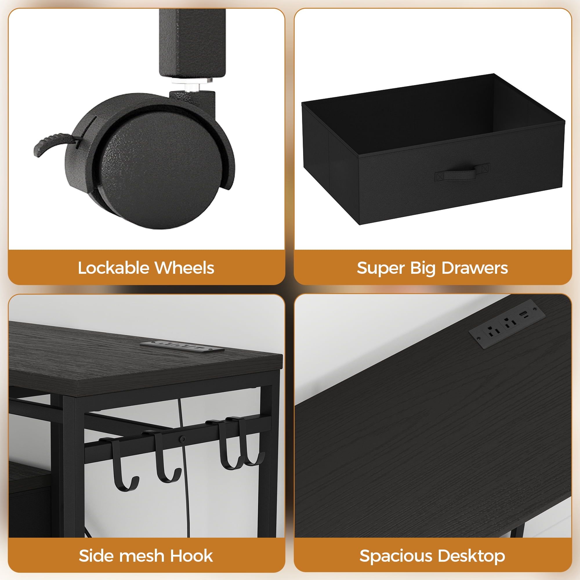 Bedroom Dresser with Hanging Rack, 4 Drawers Dresser with Charging Station and LED Lights, Storage Chest of Drawers with Wheels, Wooden Top, for Closet, Living Room Black