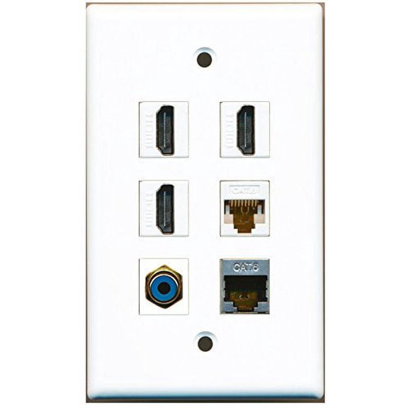 RiteAV - 3 HDMI 1 Port RCA Blue 1 Port Shielded Cat6 Ethernet 1 Port Cat6 Ethernet White Wall Plate