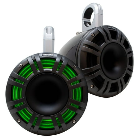 Kicker KMXL Tower Speaker Bundle - 8 Horn-Load Marine Wake Tower Speaker Pods with RGB LEDs Black Pair