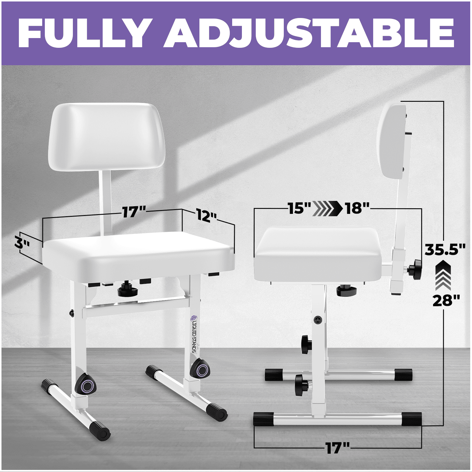 Liquid Stands White Adjustable Piano Bench with Backrest – Music Keyboard Bench Seat for Digital & Electric Pianos - Musicians Stylish Seating, Comfortable, Sturdy, Padded Cushion - Piano Stool Chair